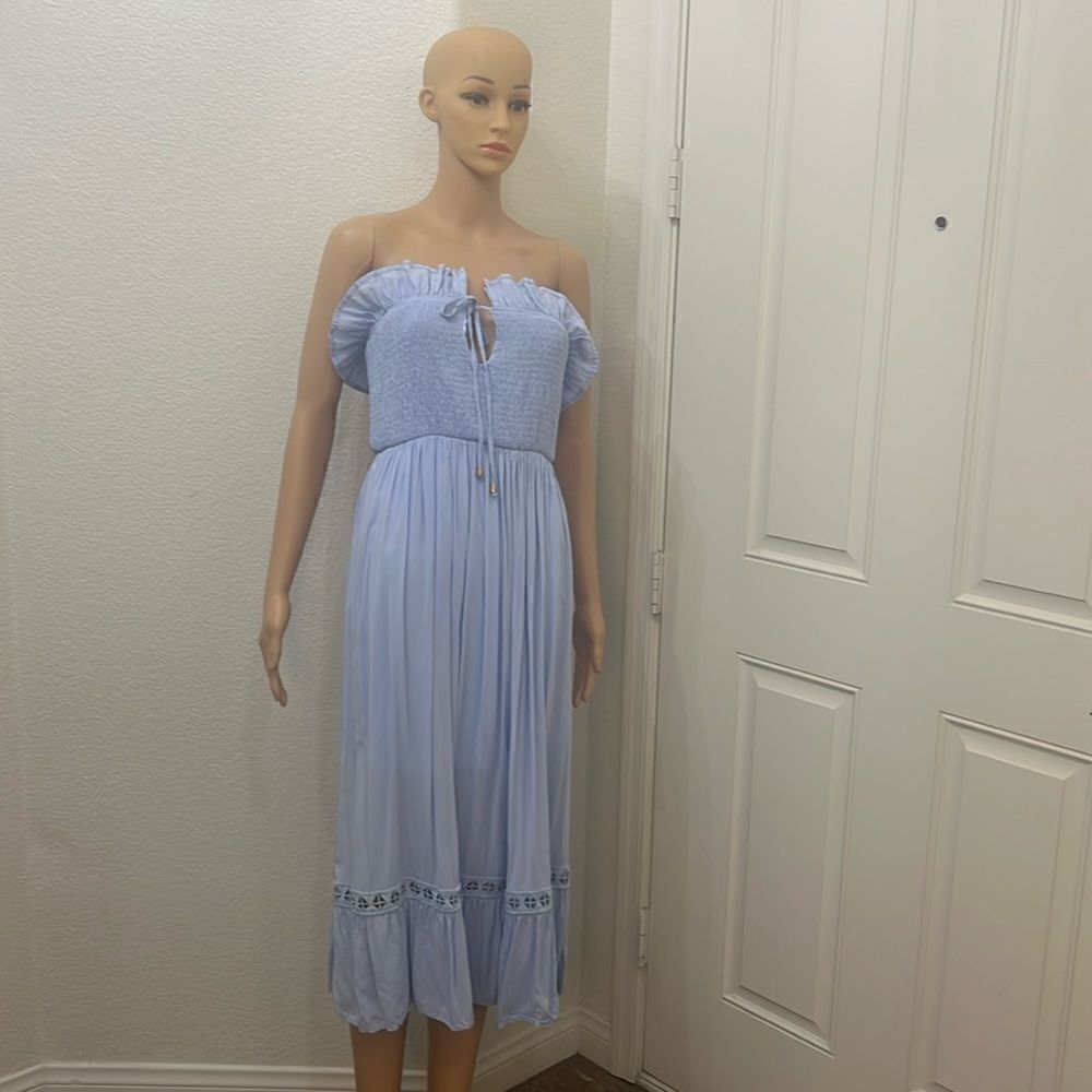 Soft Baby Blue Sun Dress Elastic Bodice Midi Front Or Back Neck Tie Gold Tassels